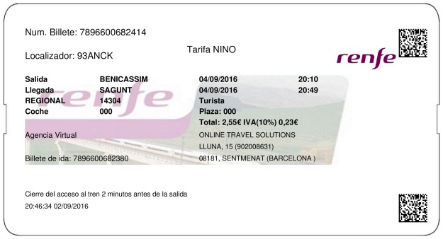 Billete Tren Benicasim  Sagunto 04/09/2016