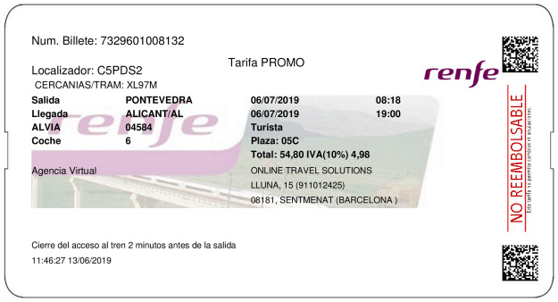 Billete Tren Pontevedra  Alicante 06/07/2019