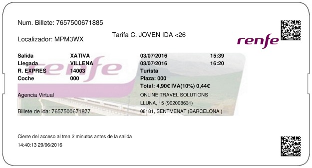 Billete Tren Xàtiva  Villena 03/07/2016