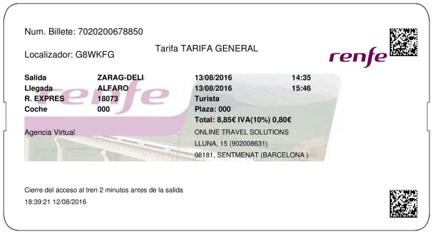 Billete Tren Zaragoza  Alfaro 13/08/2016